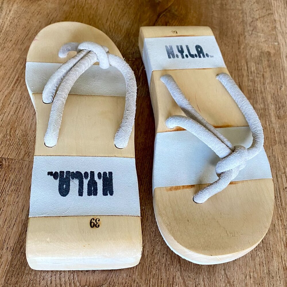 N.Y.L.A. Japanese Wooden Platform Sandals with Knotted Straps  - Size 39